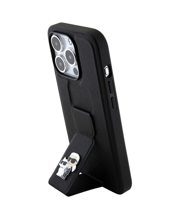 Karl Lagerfeld Gripstand Saffiano Karl&Choupette Pins case for iPhone 15 Pro - black