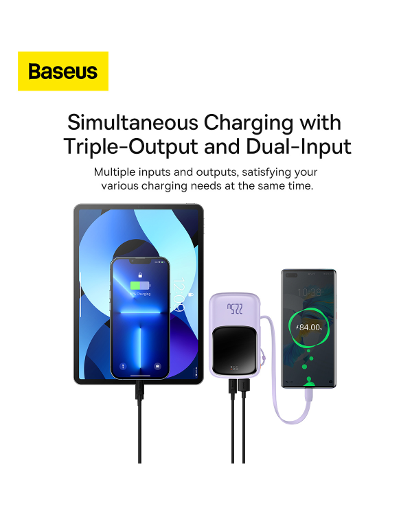 Baseus Qpow power bank 10000mAh built-in USB Type-C cable 22.5W Quick Charge SCP AFC FCP purple (PPQD020105)