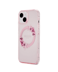 Guess PC|TPU Flowers Ring Glossy Logo MagSafe Чехол для iPhone 15 розовый