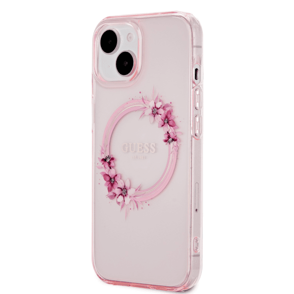 Guess PC|TPU Flowers Ring Glossy Logo MagSafe Чехол для iPhone 15 розовый
