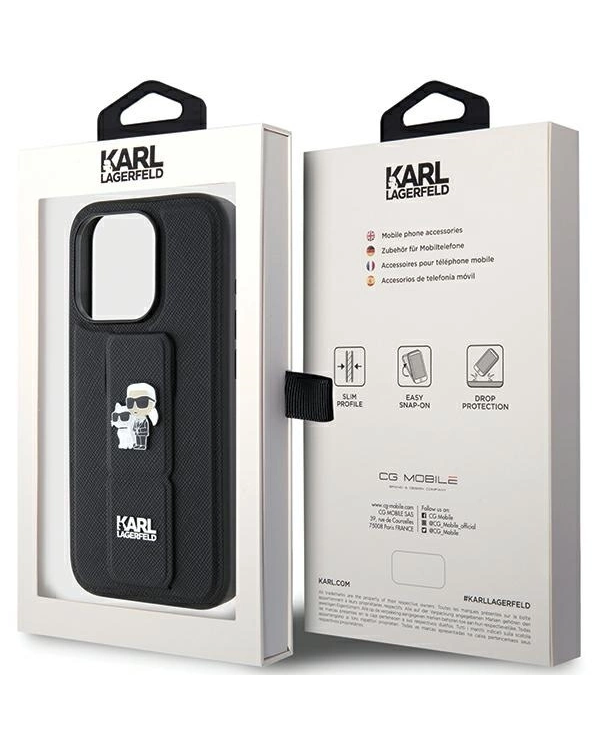 Karl Lagerfeld Gripstand Saffiano Karl&Choupette Pins case for iPhone 15 Pro - black