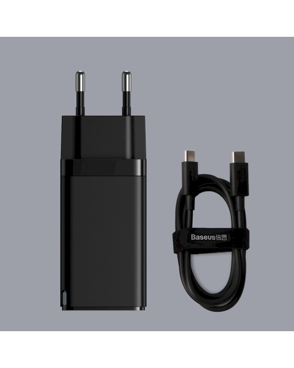 Baseus GaN CCGAN2P-B01 Сетевое зарядное устройство USB / 2 x USB-C / 65W / 5A / Quick Charge 3.0 Черное