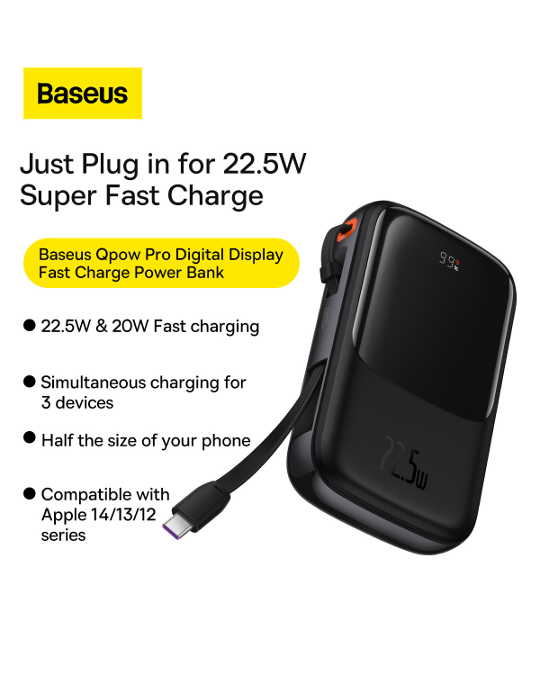 Powerbank Baseus Qpow PRO with cable, 10000mAh, 22.5W (Black)