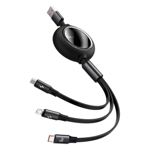 Обложка книги «Baseus Bright Mirror One-for-three Retractable Data Cable USB to M+L+C 1.2m 66W Black (CAMLC-MJ01)»