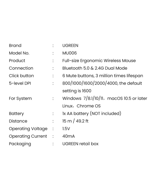 Оптическая беспроводная мышь Ugreen USB 2,4 ГГц 4000 DPI черная (MU006)