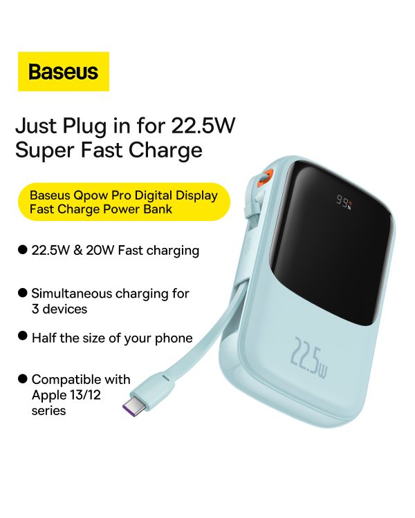 Baseus Qpow power bank 10000mAh built-in USB Type-C cable 22.5W Quick Charge SCP AFC FCP blue (PPQD020103)