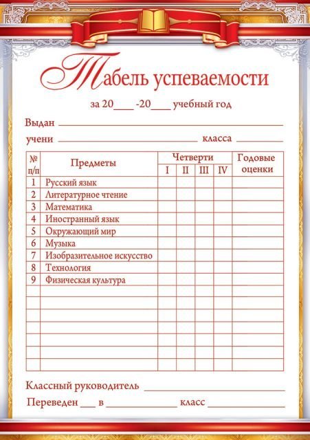 Табель успеваемости с предметами Табель успеваемости с предметами