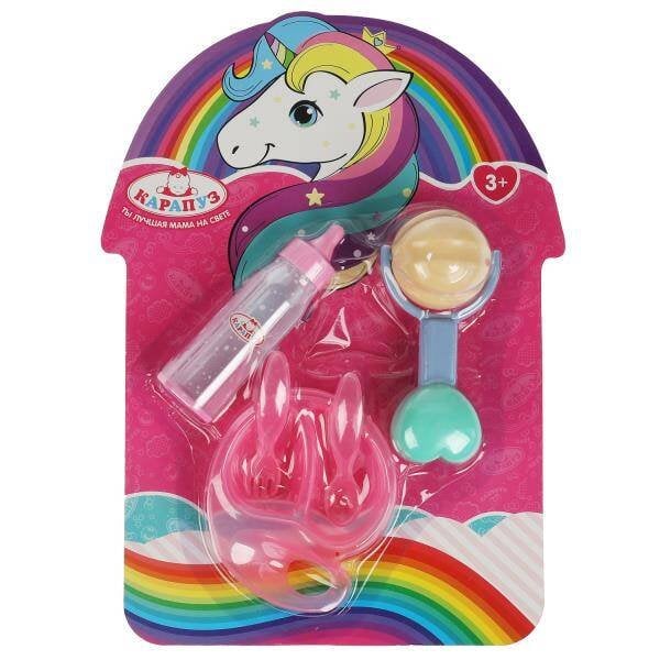 НАБОР ДЛЯ КУКОЛ И ПУПСОВ (Умка) Набор аксессуаров 5 предметов: погремушка, бутылочка, тарелочка, ложка, вилка КАРАПУЗ в кор.2*48шт