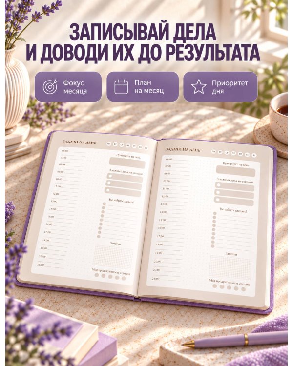 Дополнительное изображение книги «Мечтай! Планируй! Действуй! Ежедневник для вдохновения, порядка и результата (лаванда, А5, 72л.)»
