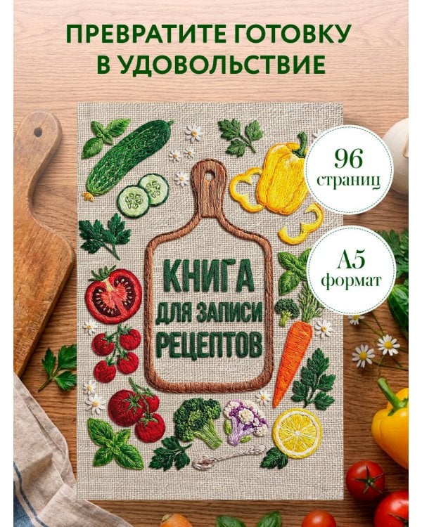 Дополнительное изображение книги «Вышитые гладью овощи. Книга для записи рецептов (А5, тактильная обложка)»