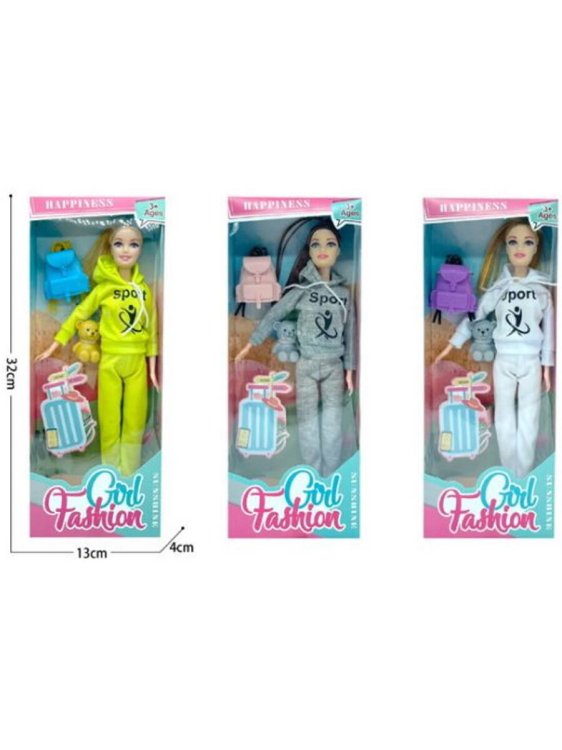 Кукла (28 см) "Спортивная девушка"(рюкзак,мишка,шарнирная, микс: 3 вида,в кор.) ( Арт. 2326259)