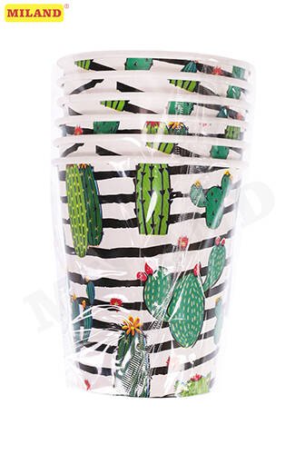 Стаканы бумажные Кактусы в полоску (250 мл, 6 шт) флоупак ФЛ-7479