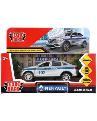 Машина металл RENAULT ARKANA ПОЛИЦИЯ 12 см, двери, багаж, серебристый, кор. Технопарк в кор.2*36шт