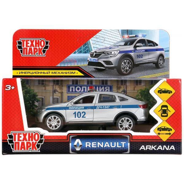 Машина металл RENAULT ARKANA ПОЛИЦИЯ 12 см, двери, багаж, серебристый, кор. Технопарк в кор.2*36шт
