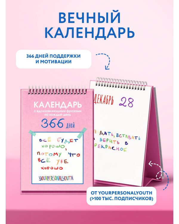 Все будет хорошо. Календарь с вдохновляющими фразами на каждый день от канала “Твоя личная юность”. Вечный настольный календарь-домик на 2026 год