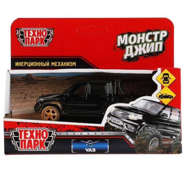 Машина металл UAZ PICKUP МОНСТР ДЖИП 12 см, двер, багаж, инерц, черный, кор. Технопарк в кор.2*36шт