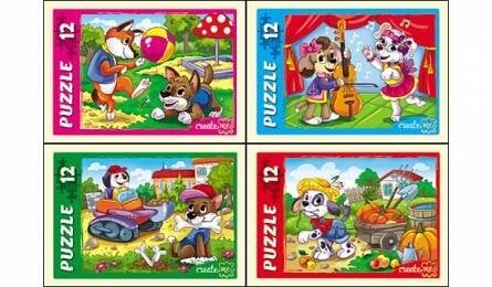 12 ЭЛЕМЕНТОВ (поле - 17,5х13 см, коробка - 6,5х9х2,5 см, 4 дизайна по 8 шт. в боксе) (Рыжий Кот) ПАЗЛЫ 12 элементов. ЗАБАВНЫЕ ЩЕНКИ (Арт. П12-5644) кратно 32