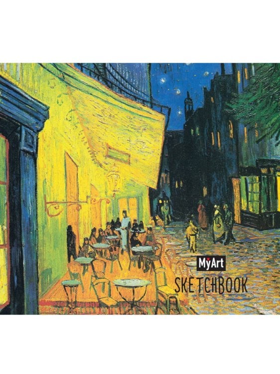 СЕРИЯ: MyArt. КВАДРАТНЫЙ СКЕТЧБУК 80л мат.ламин, выб.лак, ляссе, резинка 7БЦ 200х200 (бумага 100гр) (ПрофПресс) MyArt. КВАДРАТНЫЙ СКЕТЧБУК. Винсент Ван Гог. Ночная терраса кафе