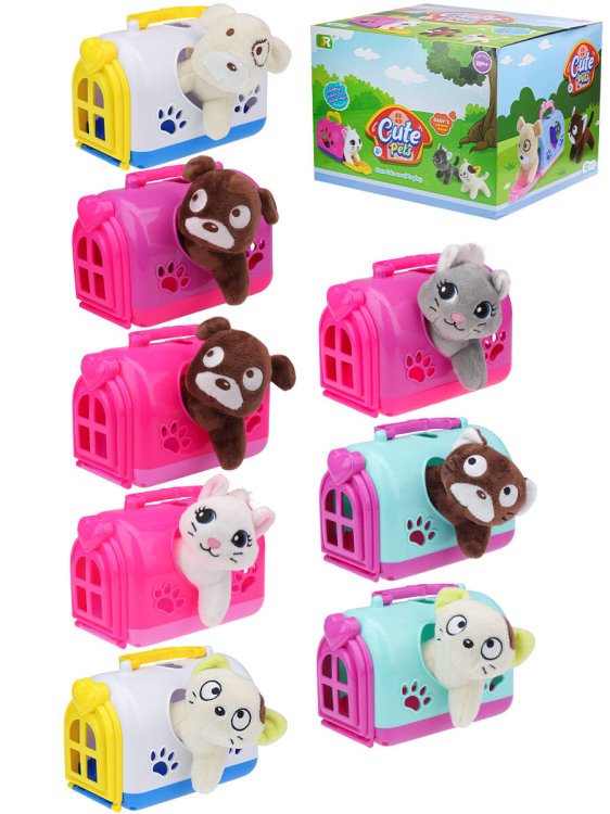 ИГРОВЫЕ НАБОРЫ С ПИТОМЦАМИ (Рыжий Кот) Игрушка мягкая "Домашний питомец в переноске-1"(12шт.в ш\б,6 видов микс)15*7*11 см(Арт.1892744)кр 12