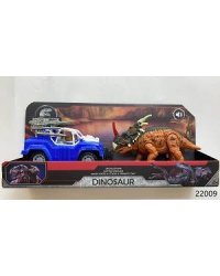 Игровой набор для детей со световым и звуковым эффектом "Фигурка динозавра - Трицератопс, с синим джипом"