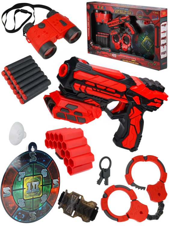 Игровой набор (Рыжий кот) Набор Бластер с софт патронами-6(бинокль,наручники,мишень,14 патронов,в коробке) (Арт. 1771732)