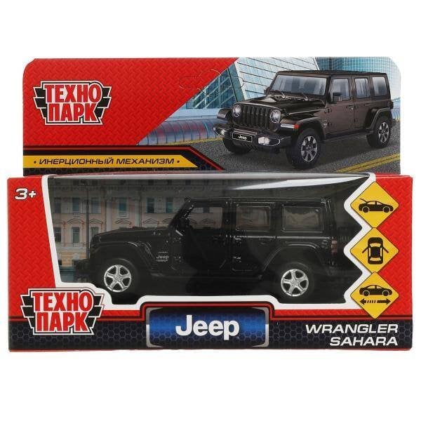 Машина металл JEEP WRANGLER SAHARA 12 см, двери, багаж, инерц, черный, кор. Технопарк в кор.2*36шт