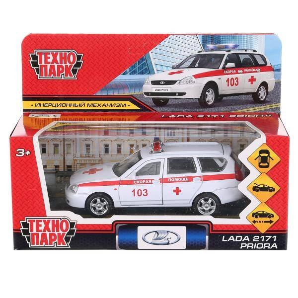 Машина металл LADA PRIORA СКОРАЯ ПОМОЩЬ 12 см, двери, багаж, белый, в кор. Технопарк в кор.2*36шт