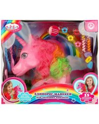 Голова-манекен единорог 25 см с цветной гривой и акс для волос, кор КАРАПУЗ в кор.2*24шт