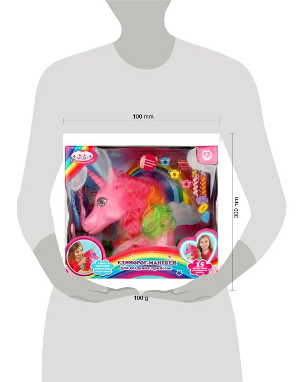 Голова-манекен единорог 25 см с цветной гривой и акс для волос, кор КАРАПУЗ в кор.2*24шт