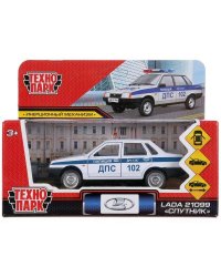 Машина металл LADA-21099 "СПУТНИК" ПОЛИЦИЯ 12 см, двери, багаж, белый, кор. Технопарк в кор.2*36шт