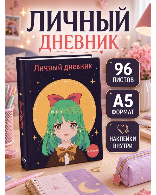Дополнительное изображение книги «Личный дневник со стикерами. Девочка с бантиком (А5, 48 л.)»