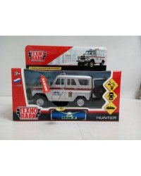 Машина металл свет-звук УАЗ ХАНТЕР МЧС длина 12 см, двер, багаж, инерц, кор. Технопарк в кор.2*36шт