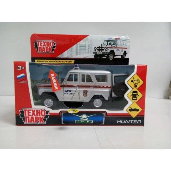 Машина металл свет-звук УАЗ ХАНТЕР МЧС длина 12 см, двер, багаж, инерц, кор. Технопарк в кор.2*36шт