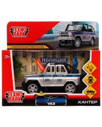 Машина металл свет-звук UAZ HUNTER ПОЛИЦИЯ 11,5 см, двери, фигурка, кор. Технопарк в кор.2*36шт