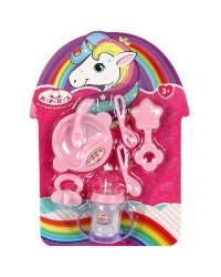 Набор аксессуаров 7 предметов: погремушка, бутылка, соска, тарелка, ложки КАРАПУЗ в кор.2*48шт