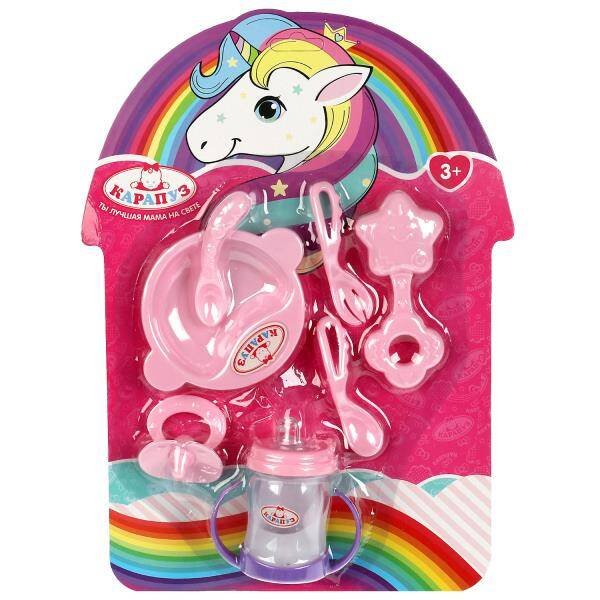 НАБОР ДЛЯ КУКОЛ И ПУПСОВ (Умка) Набор аксессуаров 7 предметов: погремушка, бутылка, соска, тарелка, ложки КАРАПУЗ в кор.2*48шт