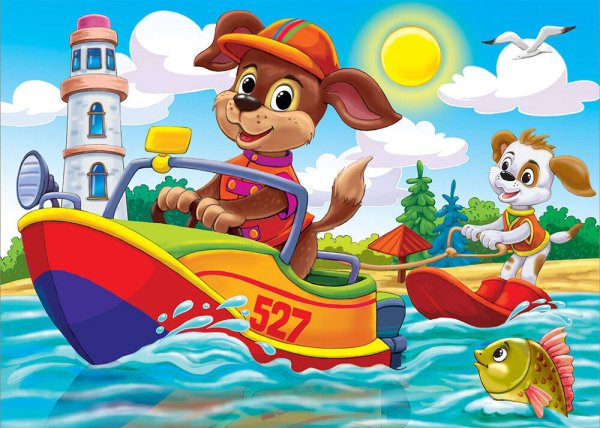 Алмаз. мозаика (класс) 17х22 см, с подр., с полн. заполн. (23цв.) ЩЕНЯТА НА ЛОДКАХ. Арт. AC17018