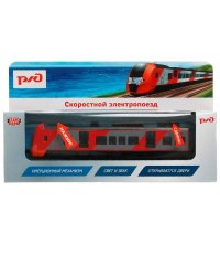 Модель металл свет-звук ЭЛЕКТРОПОЕЗД РЖД длина 21,5 см, двери, инерц, кор. Технопарк в кор.2*36шт