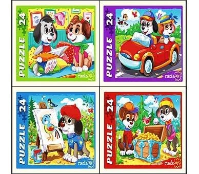 17. 24 ЭЛЕМЕНТА (поле - 18х13 см, коробка - 6,5х9х2,5 см, 4 дизайна по 8 шт. в боксе) (Рыжий Кот) ПАЗЛЫ 24 элемента. ИСТОРИИ ЩЕНКОВ (Арт. П24-9916) кратно 32