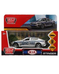Машина металл KIA STINGER ПОЛИЦИЯ, 12 см, двери, багаж., инерц, сереб., кор. Технопарк в кор.2*36шт