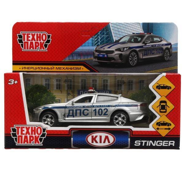 Машина металл KIA STINGER ПОЛИЦИЯ, 12 см, двери, багаж., инерц, сереб., кор. Технопарк в кор.2*36шт