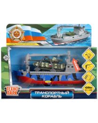 Машина металл свет-звук ТРАНСПОРТНЫЙ КОРАБЛЬ ВОЕННЫЙ 17 см, ТАНК, инер, кор. Технопарк в кор.2*24шт