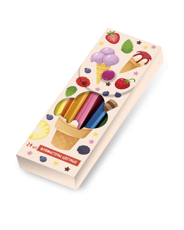 Рожок мороженого. Пластиковый пенал с фломастерами (24шт)