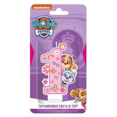 Щенячий патруль. Парафиновая свеча в торт (цифра 1 с героем) для девочек, в блистере