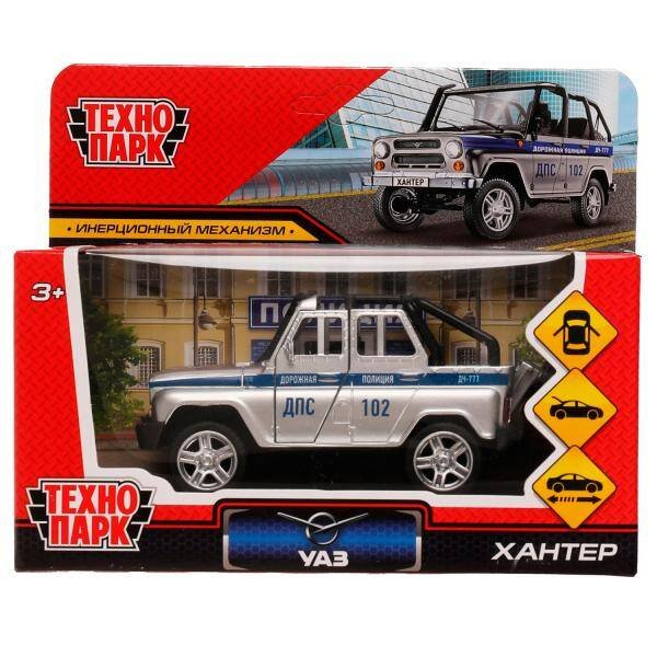 Машина металл UAZ HUNTER ПОЛИЦИЯ 11,5 см, двери, багаж, серебристый, кор. Технопарк в кор.2*36шт