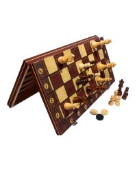 Шахматы деревянные 3 в 1 (поле 24 см),шахматы-магн., дерево, шашки-пласт. без магнита (Арт. P00032)