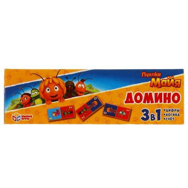 ПЧЕЛКА МАЙЯ. ДОМИНО ПЛАСТИКОВОЕ. 3 В 1. УМНЫЕ ИГРЫ в кор.100шт