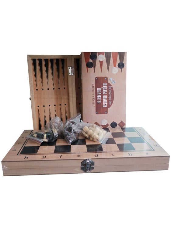 Игра 3 в 1 дерево (нарды, шашки, шахматы) (34х17х3.5 см) шах.фиг.- пластик, шашки-дер (Арт. AN02591)
