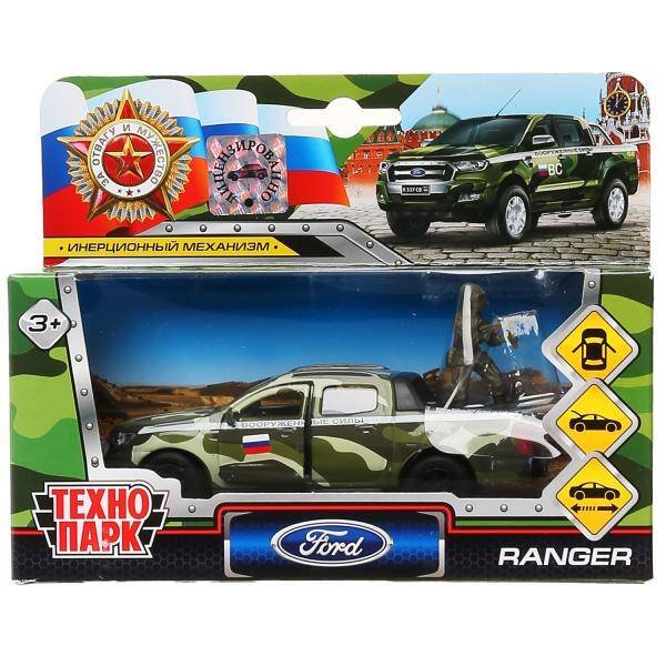 Машина металл FORD ranger, 12 см, дв., баг., инер.+солд. 4,5 см, в  ассорт. Технопарк в кор.2*24шт