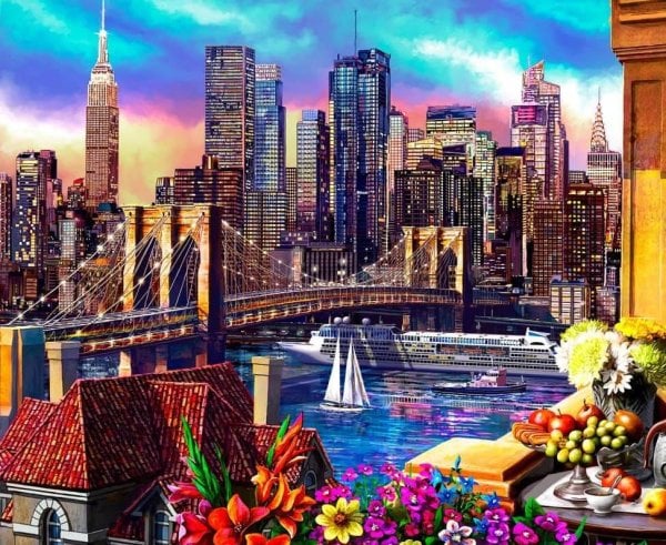 ГОРОД (Рыжий Кот) Алмаз мозаика (блест.) 30х40 см, с подр.,с полн.зап.цв.Уютное кафе на фоне небоскрёбов.(Арт.AS34027)